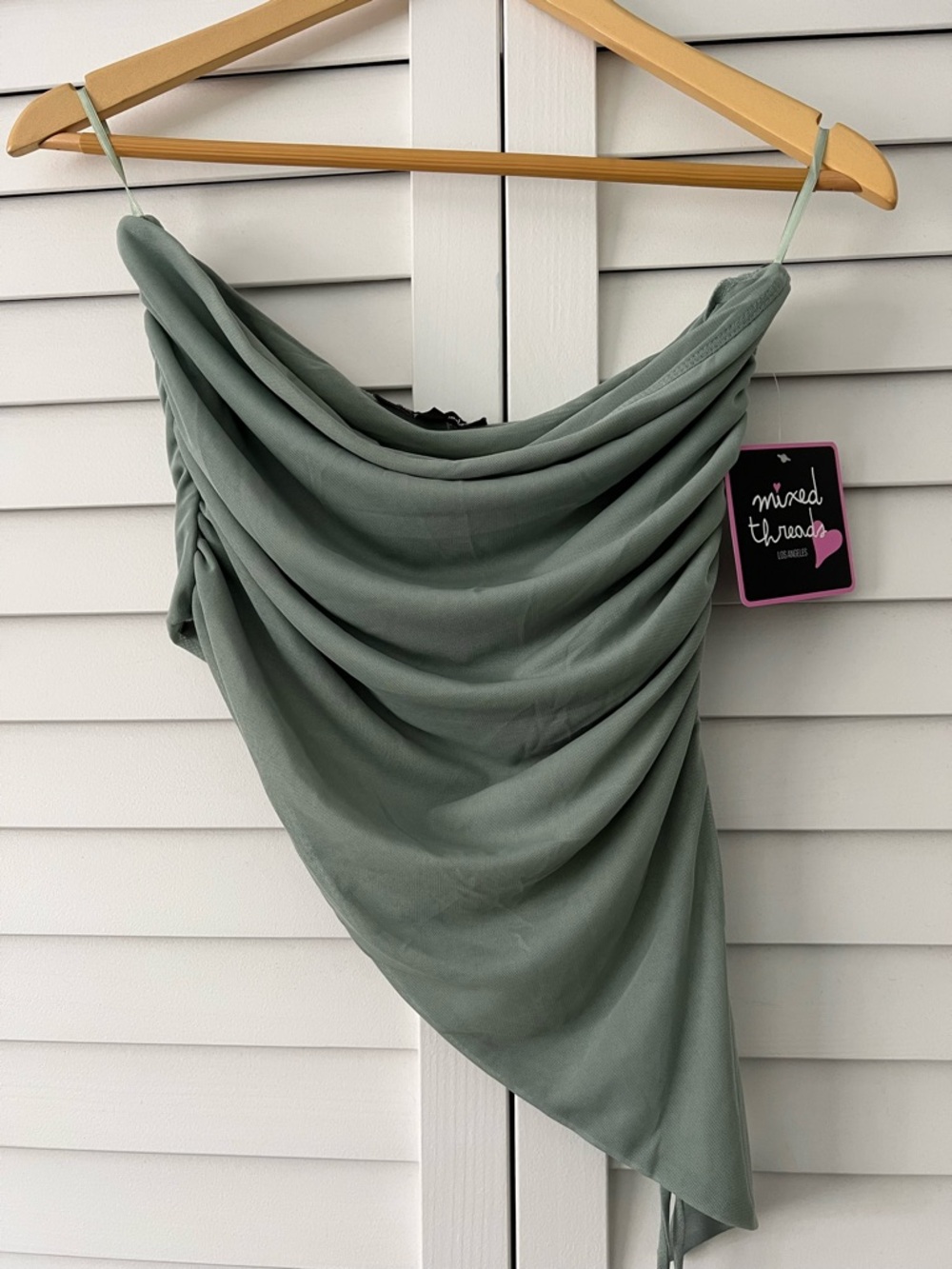 Mixed Threads Draped Asymmetric Sage Green Top